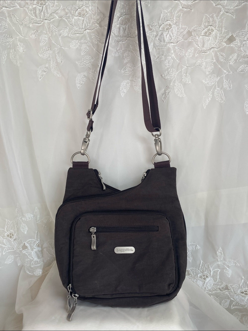 Baggallini Criss Cross Dark Brown Compact Crossbody Bag